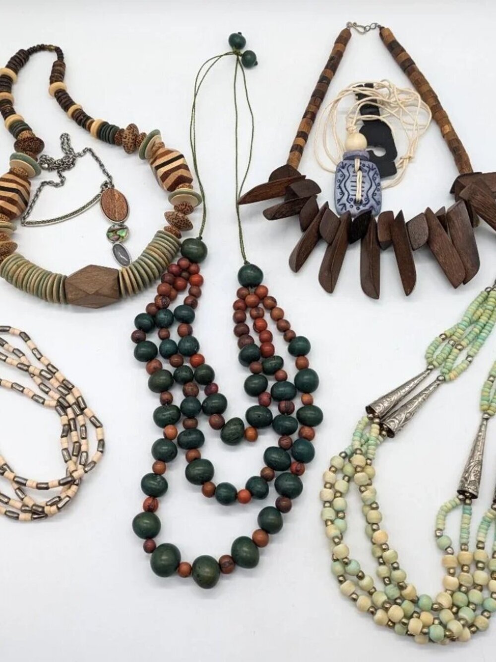 Vintage Boho Hippie Brown Green Tan Neutral Eclectic Necklace Bundle